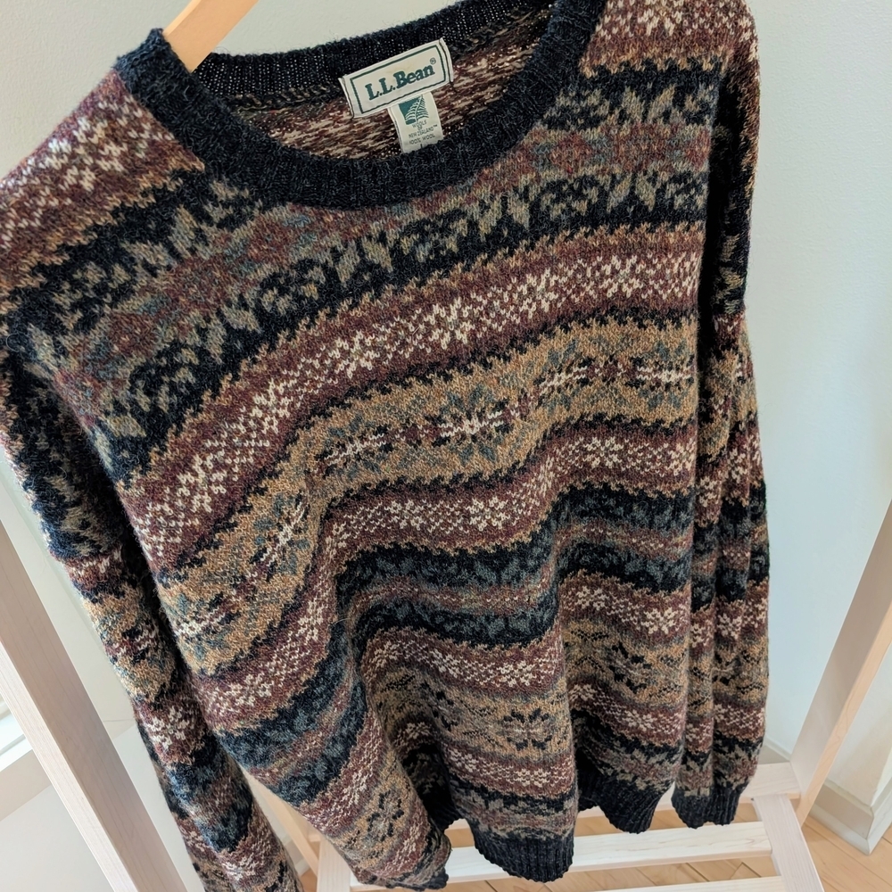 Vintage L.L. Bean Fair Isle Geometric Textured Wool Sweater In Black/Tan - Picture 4 of 7